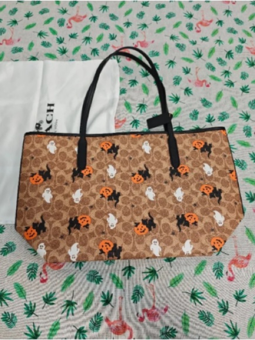 Coach Brown Halloween Print Tote with Black Handles and Orange Accents